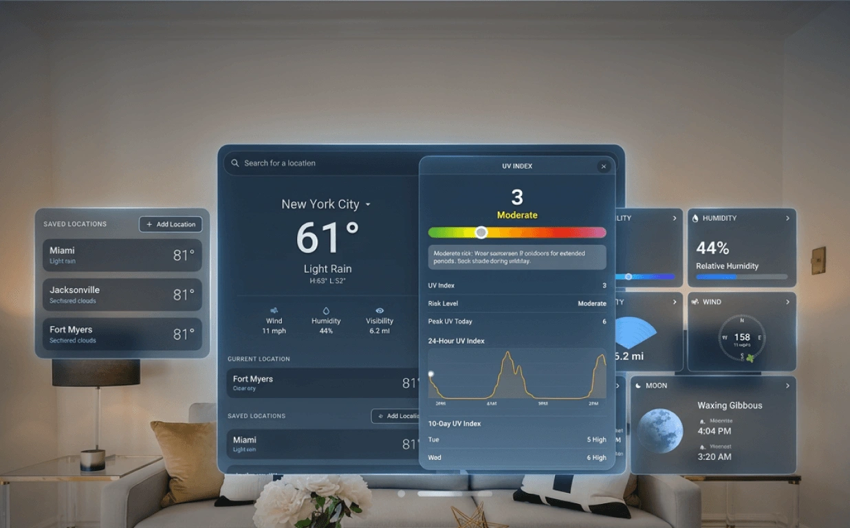 A holographic Meta Quest weather dashboard floating above a living room