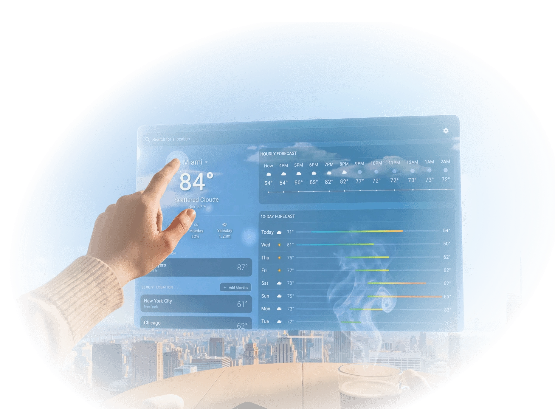 A hand reaching out to interact with a translucent floating weather forecast panel showing Miami at 84°