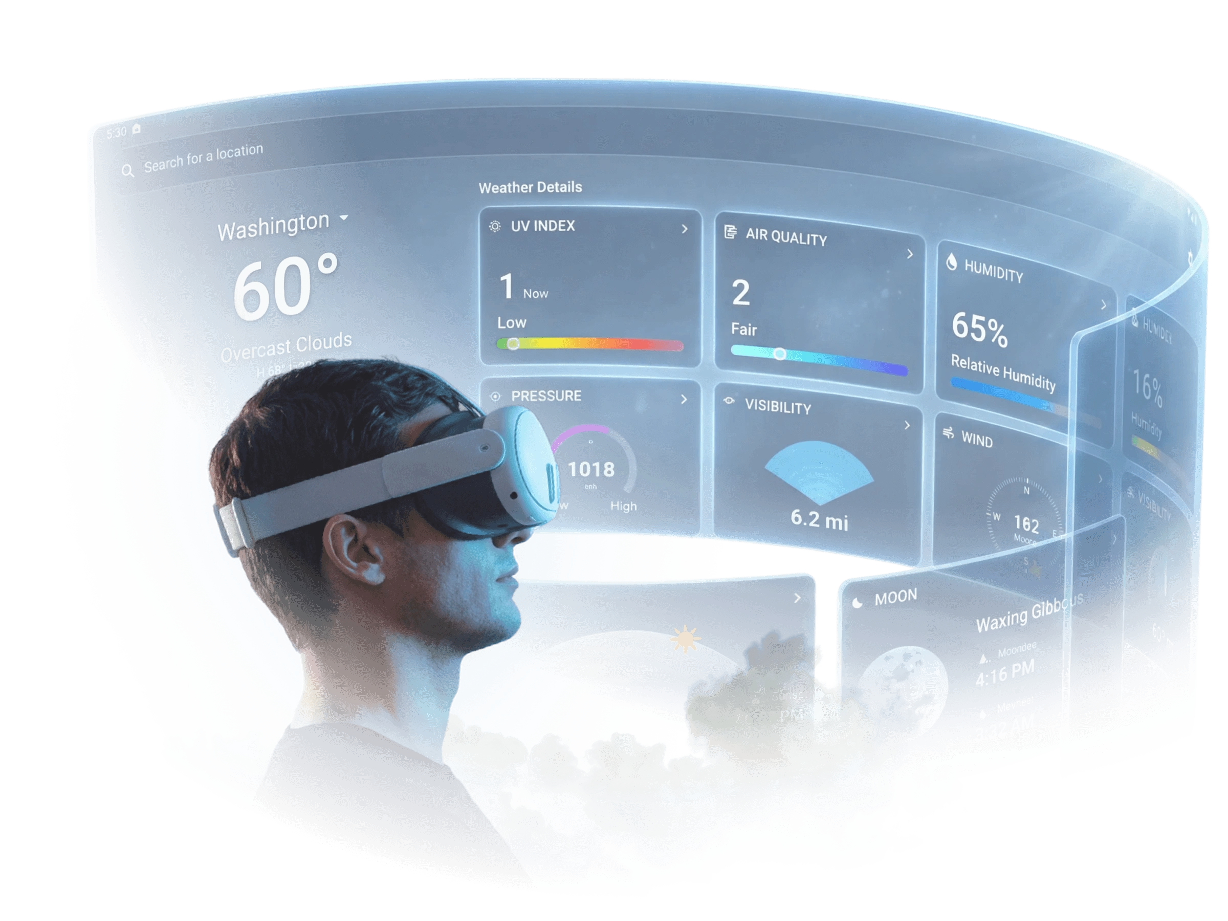 A person wearing a Meta Quest headset interacting with a panoramic weather dashboard